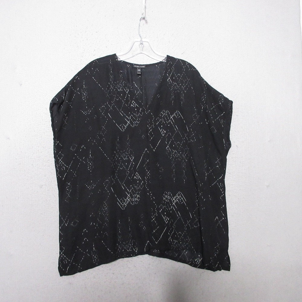Eileen Fisher Top XL Black Silk Tencel Geometric Quiet Luxury Flowy Artsy Boxy
